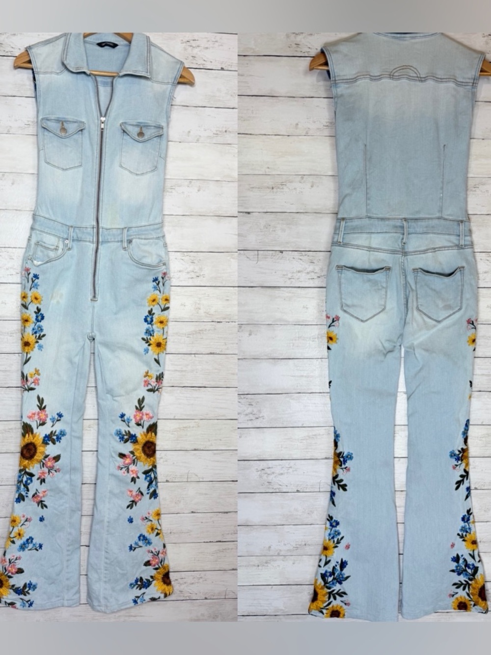Driftwood x Free People Embroidered Floral  Flare Jeans Denim Jumpsuit XS